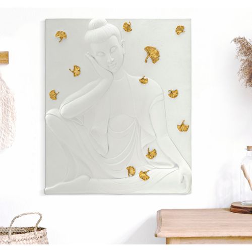 Panneau Mural Bouddha En Résine 3d Blanc Et Doré 46x55,5 Cm