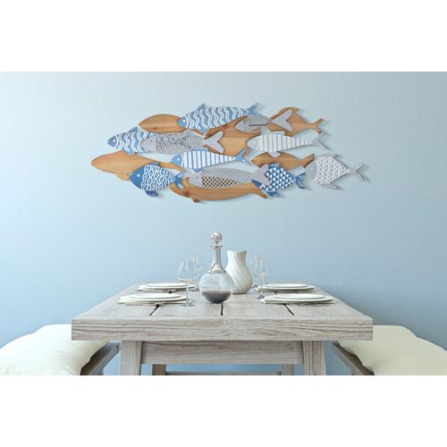 Panneau Mural Poissons En Métal Et Bois 3d 91x33,5 Cm Multicolore
