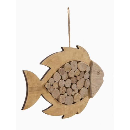 Sculpture Murale Poisson En Bois Naturel à Suspendre 42,5x28,5 Cm