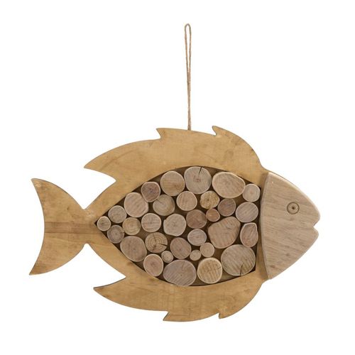 Sculpture Murale Poisson En Bois Naturel à Suspendre 42,5x28,5 Cm