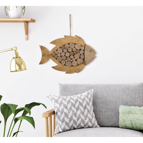 Sculpture Murale Poisson En Bois Naturel à Suspendre 42,5x28,5 Cm