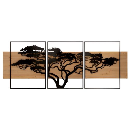 Panneau Mural 3d Arbre Savane En Métal Et Bois - Set 3 Pièces