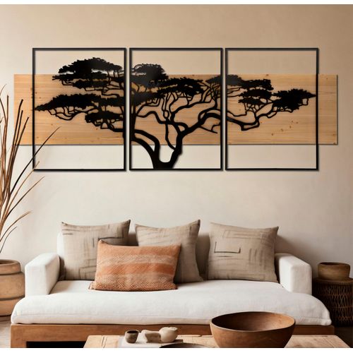 Panneau Mural 3d Arbre Savane En Métal Et Bois - Set 3 Pièces