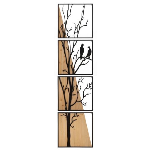 Panneau Mural 3d Arbre Avec Oiseaux - Set 4 Panneaux Métal Et Bois