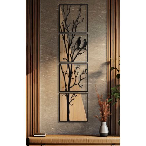 Panneau Mural 3d Arbre Avec Oiseaux - Set 4 Panneaux Métal Et Bois
