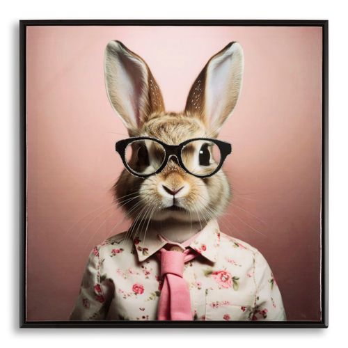 Tableau Moderne Lapin à Lunettes - Cadre Bois Et Métal 62,5x62,5 Cm