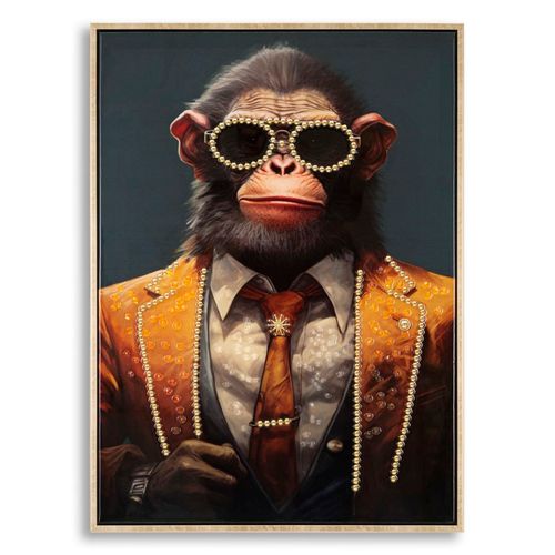 Tableau Singe Stylé - Cadre Bois Et Métal Doré 52x73 Cm