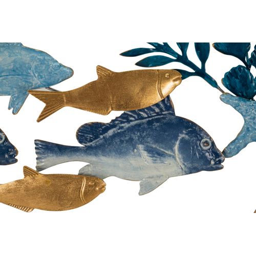 Panneau Mural Décoratif Marin En Métal Et Bois Avec Poissons Tropicaux 77x63 Cm