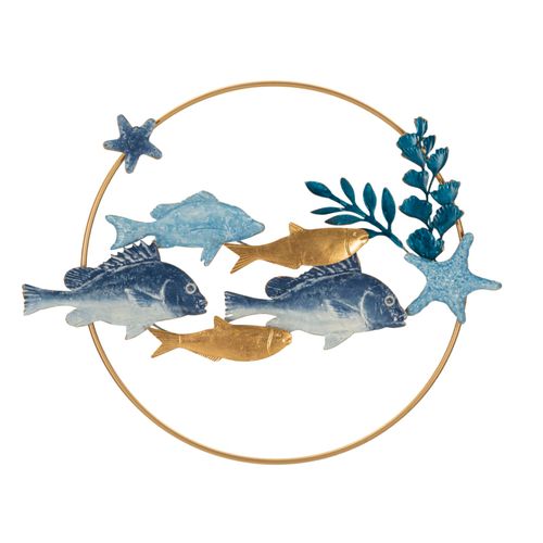 Panneau Mural Décoratif Marin En Métal Et Bois Avec Poissons Tropicaux 77x63 Cm