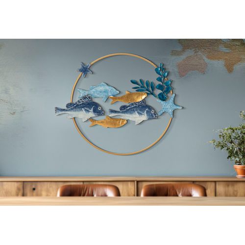 Panneau Mural Décoratif Marin En Métal Et Bois Avec Poissons Tropicaux 77x63 Cm