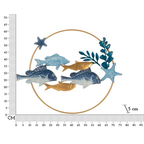 Panneau Mural Décoratif Marin En Métal Et Bois Avec Poissons Tropicaux 77x63 Cm