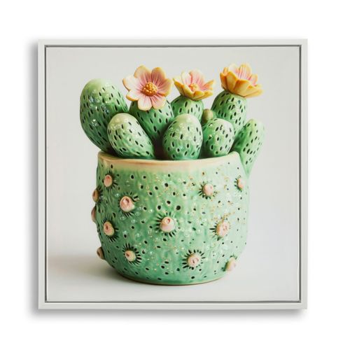 Tableau Cactus En Fleurs - Cadre Bois Et Plastique 40x40 Cm