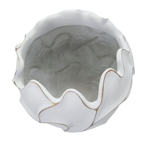 Cache-pot Rond En Polyresine Avec Reliefs Ondulés Style Boho Chic, Blanc Patiné