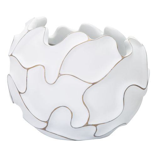 Cache-pot Rond En Polyresine Avec Reliefs Ondulés Style Boho Chic, Blanc Patiné