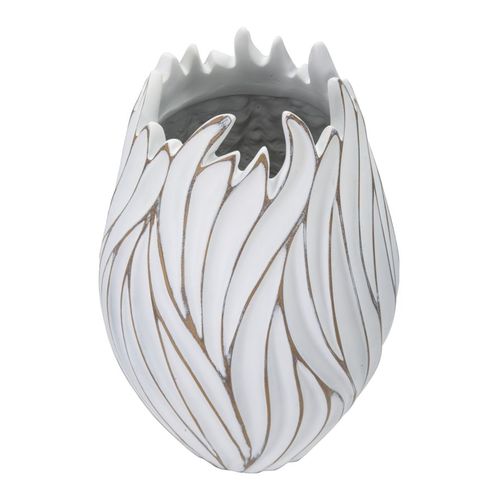 Vase Ovale En Polyresine Style Boho Chic Avec Reliefs Ondulés, Blanc Patiné