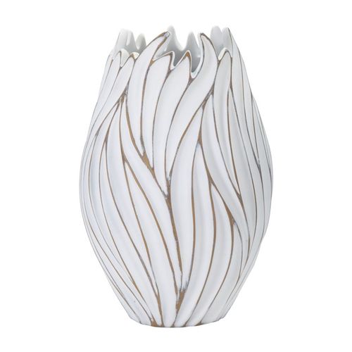 Vase Ovale En Polyresine Style Boho Chic Avec Reliefs Ondulés, Blanc Patiné