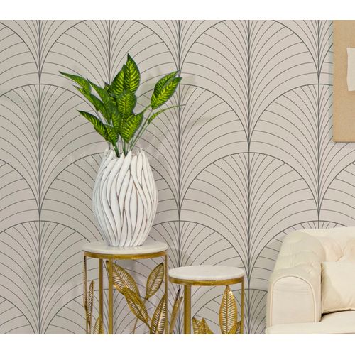 Vase Ovale En Polyresine Style Boho Chic Avec Reliefs Ondulés, Blanc Patiné