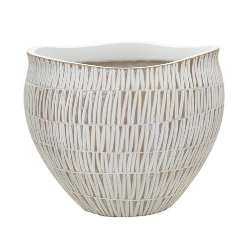 Cachepot Moderne En Résine Stiky Ø 30,5x24,5 Cm Décor Géométrique Doré Et Blanc