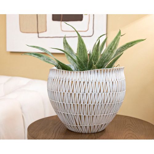 Cachepot Moderne En Résine Stiky Ø 30,5x24,5 Cm Décor Géométrique Doré Et Blanc