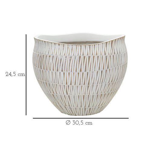 Cachepot Moderne En Résine Stiky Ø 30,5x24,5 Cm Décor Géométrique Doré Et Blanc
