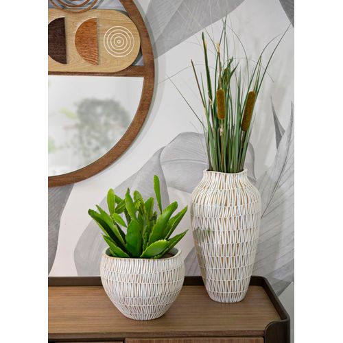 Cachepot Moderne Stiky En Résine Ø 26x20,5 Cm Décor Géométrique Doré Et Blanc