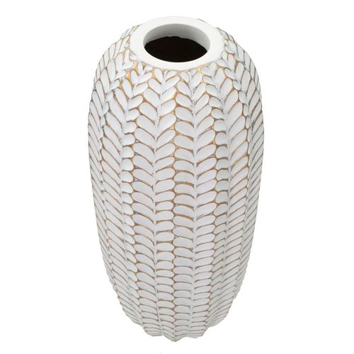 Vase Moderne En Résine Feuille Ø 18,5x46 Cm Décor Doré Et Blanc
