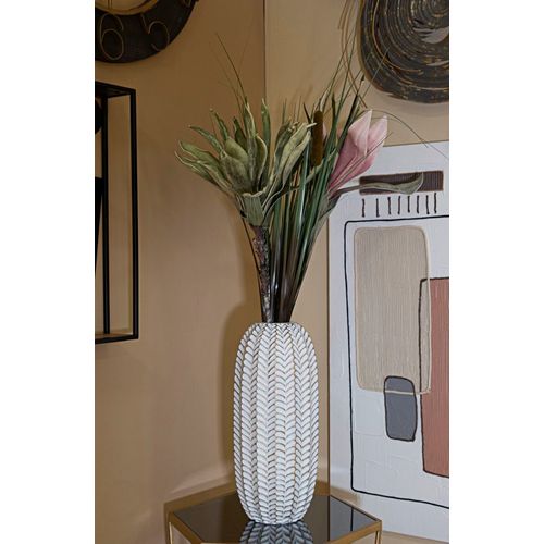 Vase Moderne En Résine Feuille Ø 18,5x46 Cm Décor Doré Et Blanc