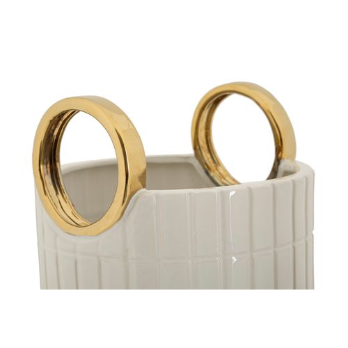 Vase En Céramique Shopping Ø 18x25 Cm Avec Relief Carré Et Anneaux Dorés