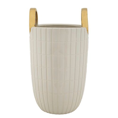Vase En Céramique Shopping Ø 18x25 Cm Avec Relief Carré Et Anneaux Dorés