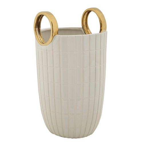 Vase En Céramique Shopping Ø 18x25 Cm Avec Relief Carré Et Anneaux Dorés