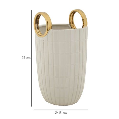 Vase En Céramique Shopping Ø 18x25 Cm Avec Relief Carré Et Anneaux Dorés