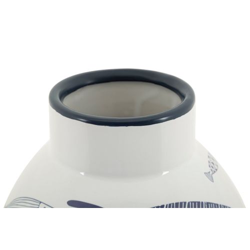 Vase Décoratif En Céramique Blanc Motifs Poissons Bleus Ø21x31 Cm