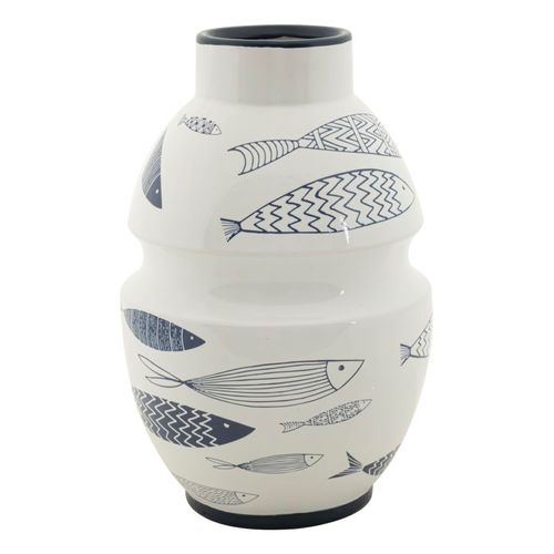 Vase Décoratif En Céramique Blanc Motifs Poissons Bleus Ø21x31 Cm