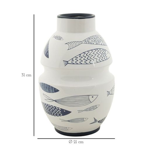 Vase Décoratif En Céramique Blanc Motifs Poissons Bleus Ø21x31 Cm