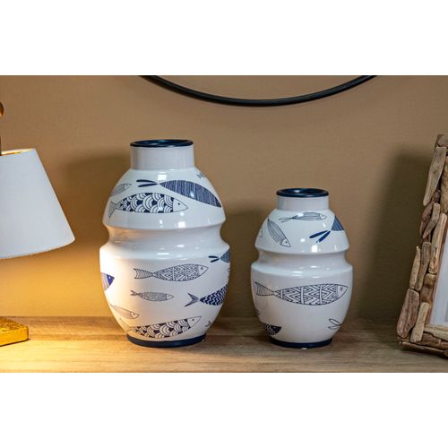 Vase Décoratif Céramique Blanche Poissons Bleus Ø15x24 Cm Style Moderne