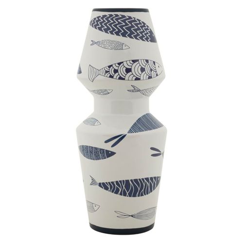 Vase Décoratif Céramique Blanche Poissons Bleus Double Ø14x34 Cm