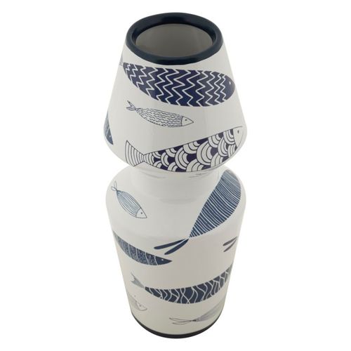Vase Décoratif Céramique Blanche Poissons Bleus Double Ø14x34 Cm