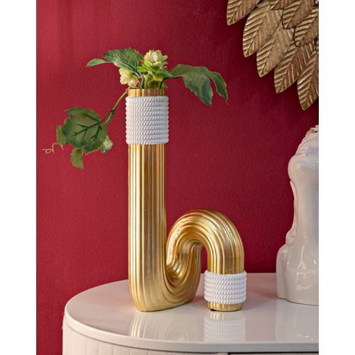 Vase Décoratif En Résine Dorée Et Blanche Lignes Élégantes 30 Cm