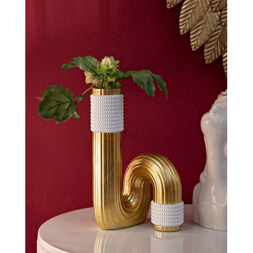 Vase Décoratif En Résine Dorée Et Blanche Lignes Élégantes 25 Cm