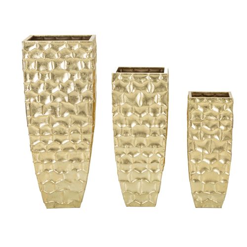 Set 3 Vases Carrés Décoratifs En Métal Doré Avec Reliefs Élégants