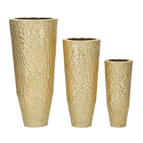 Set 3 Vases Ronds En Métal Doré Avec Décorations En Relief Élégantes