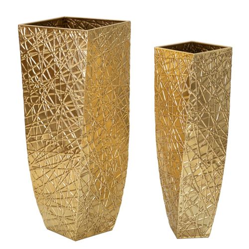 Set 2 Grands Vases Dorés En Métal Avec Texture Linéaire Décorative