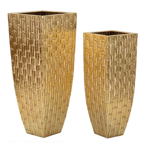 Set 2 Vases Dorés En Métal Avec Texture Géométrique Décorative
