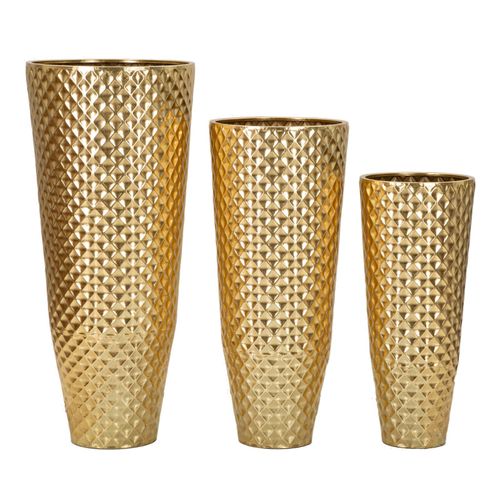 Set 3 Vases Dorés En Métal Avec Texture Géométrique Décorative