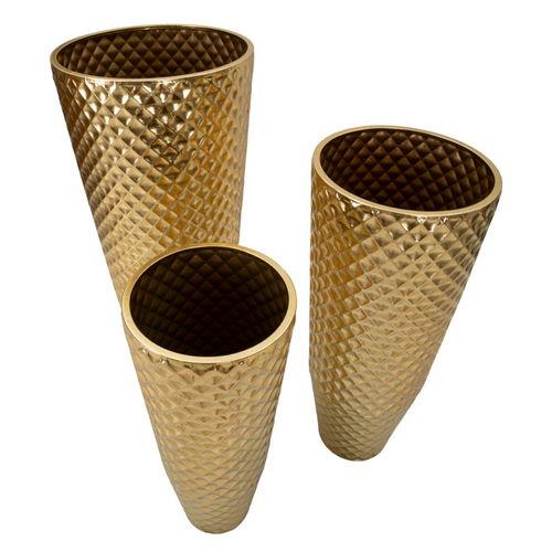 Set 3 Vases Dorés En Métal Avec Texture Géométrique Décorative