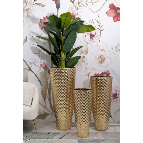 Set 3 Vases Dorés En Métal Avec Texture Géométrique Décorative