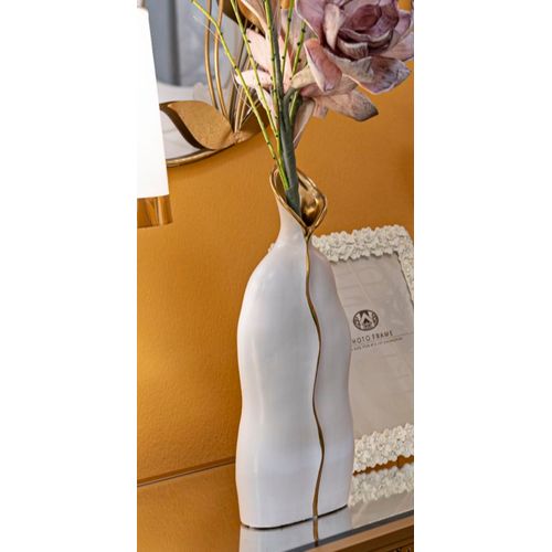 Vase Décoratif En Céramique Blanc Et Doré 16x8x40 Cm Élégant