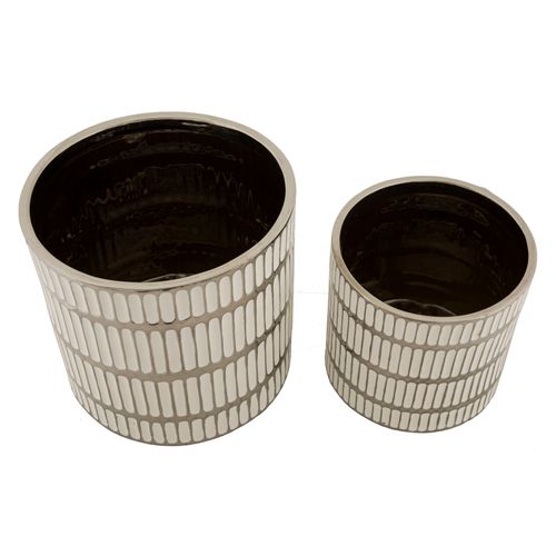 Set De 2 Vases Décoratifs En Céramique Blanc Et Argent Ø22-18 Cm