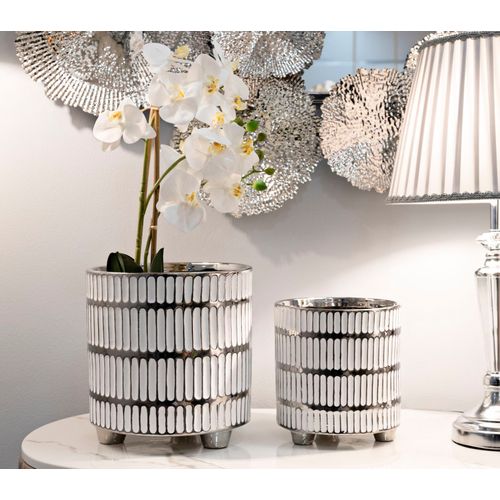Set De 2 Vases Décoratifs En Céramique Blanc Et Argent Ø22-18 Cm