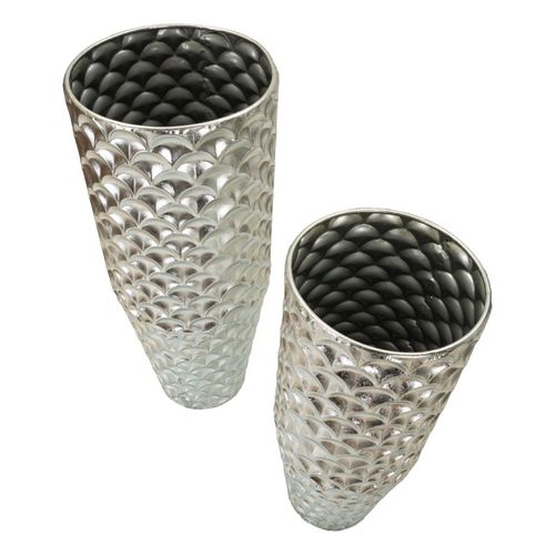 Set De 2 Grands Vases Décoratifs Argentés En Métal Avec Relief Élégant